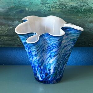 Handblown Alicja Blue and White Art Glass Vase - Home Art